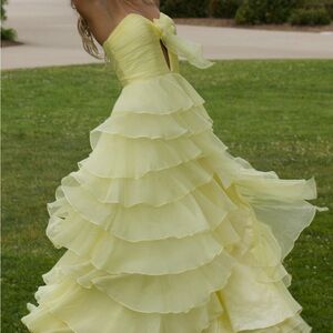 Sherri Hill #56913 Strapless chiffon dress with ruffle skirt and slit